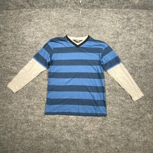 XG Mens Blue Striped Layered Long Sleeve V-Neck T-Shirt Size L Skater Y2K Style